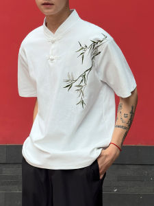 New Chinese Style High-End Bamboo Embroidery Short Sleeve T-Shirt Mens Summer Thin Loose Half Sleeve Polo Shirt Cool Fabric