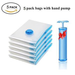XMSJ | 5pcs Vacuum Compression Storage Bag For Clothes Comforter Pillow Space Saver 80% More Reusable Travel Organizer With Hand Pump