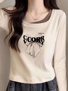 Áo Thun Cotton in Họa Tiết Thời Trang Mùa Thu Đông Cho Nữ Tay Dài Cổ Vuông Giả Hai Mảnh in Họa Tiết Màu Tương Phản Ngắn Thời Trang