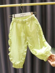 กางเกงผ้าไหมลายลูกไม้สำหรับเด็กผู้หญิง ฤดูร้อน 2024 กางเกงขายาวทรงหลวมระบายอากาศได้ดี กางเกงขายาวทรงหลวมสำหรับเด็กผู้หญิง