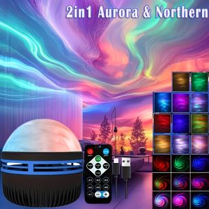 LED Starry Sky Galaxy Projector Ambient Light Aurora/Water Wave Night Light  Auto Rotate Remote 7 Color RGB USB Room Decor Light