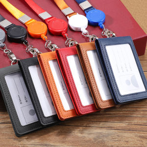 Double Card Slot PU Leather ID Card Holder Business Enterprise Bus Access Control Lanyard Extensible Chest Card Holder