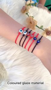 Turkish Evil Eye Braided Bracelet Adjustable Woven Red Rope Chain Acrylic Beaded Bracelet for Women Jewelry 2Pcs/lot Handmade Turkish Lucky Evil Eye Bracelets for Women Braided Red Black Blue Rope Wrist Hand Love Friendship Jewelry