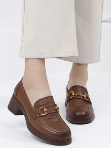 Comfortable Fashion Leather Shoes for Women Soft Bottom Thick Heel Spring Autumn Middle-Aged Single Shoes Metal Embellished round Toe Casual