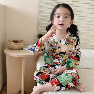 Summer Home Clothes Set for Children Silk Cotton Rich Floral Design Baby Pajamas with Stand Collar And Button Front for Kids