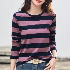 Slim Fit Womens Long Sleeve round Neck T-Shirt Striped Base Layer Shirt Versatile Commute Style Korean Version Cotton Blend