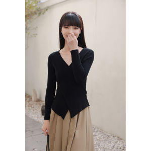 Korean Style Womens Long Sleeve V-Neck Crossed Knitted Sweater Autumn Winter Elegant Fashionable Top Quality Polyester Rayon Nylon