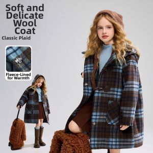 Ask Junior | Retro Plaid Warm Girls Tweed Coat