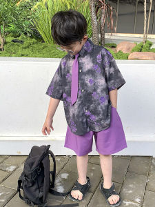 Boys Summer Short Sleeve Shirt Set with Tie Two Pieces Korean Style Childrens Casual Wear Baby Clothes for Ages 1-8 Years Old