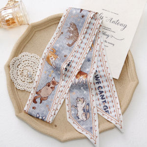 Date35th Original Cat Illustration Silk Scarf Summer Japanese Style Bow Tie Hairband Floral Print Simulated Silk Long Rectangle