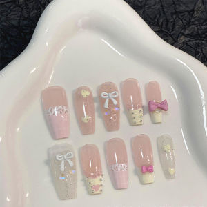 Cute Butterfly Knot French Style Long Nails Pink Series Girl Heart High Gloss Wearable Nails Easy to Wear And Remove