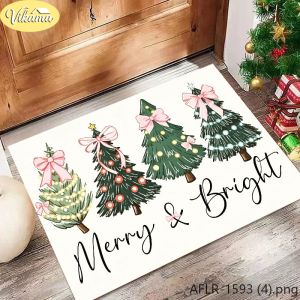VIKAMA Pink Bow Four Trees Cây Thông Noel Thảm Chùi Chân Chống Trượt Thấm Hút Chữ Tươi Sáng Vui Vẻ Thảm Chào Mừng Cho Trang Trí Nhà Cửa Xmas