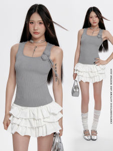 Gray Rose Flower Halter Vest Womens Summer Slimming Cool Short Knitted Top Trendy Commute Style Asymmetric Uniform Thin