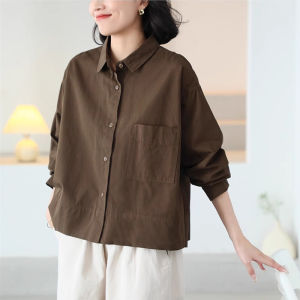 Pure Color Cotton Long Sleeve Shirt Womens Loose Fit Casual Turn-down Collar Top for Autumn Slimming Effect Outerwear