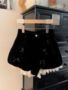 Elegant Black Velvet Lace Butterfly Knot Shorts plus Size Womens Fashion French Style Casual Pants High Waist Short Length