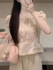 Shalldoer | เสื้อเชิ้ตคอปกบานสไตล์ฝรั่งเศส แขนพอง ผ้าฝ้ายผสมโพลีเอสเตอร์ แขนสั้น แฟชั่นฤดูร้อน สำหรับผู้หญิง