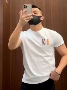 Mens Summer New Simple Print Comfortable Cotton T-shirt Trendy Youth Casual Versatile Short Sleeve Pure Cotton Top Male Clothing