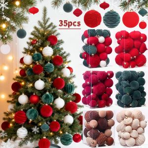 35pcs Flocked Christmas Velvet Ball Pendant Reusable Shatterproof Xmas Tree Hanging Ball Ornaments New Year Christmas Decoration