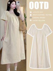 ชุดเดรสยาวคลุมเข่าทรงหลวมสำหรับผู้หญิงตั้งครรภ์ แขนสั้น คอเหลี่ยม สีพีช แฟชั่นฤดูร้อน ชุดทำงาน ชุดทำงาน ชุดทำงาน