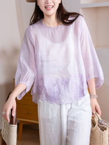 XIAOER | Áo Blouse Thêu Nặng Dây Viền Không Đều Mỏng Rộng 100% Gai