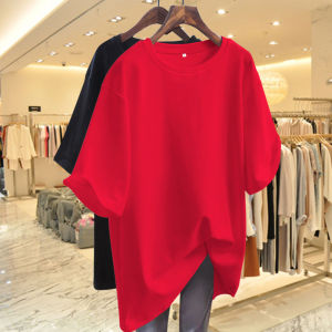 Bright Red Cotton T-Shirt Womens Short Sleeve Pure Color Mid-Length Half Sleeve Top Summer New Style European Large Size