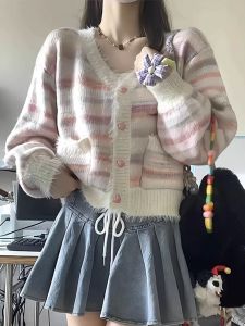Classic Style Pink Stripes Sweater Cardigan Female Spring and Autumn Loose and Lazy Style Japanese-Style Retro Knitting Outwear Fall and Winter