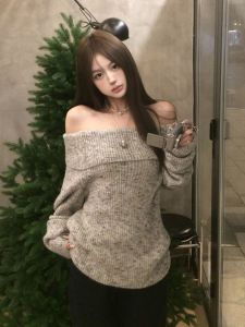 BINKAFENNY | Loose Knitted One-Shoulder Twist Sweater Womens Lazy Style Fashion Early Autumn Clothing Casual Comfortable Slimming Top