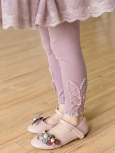 Spring Autumn Childrens Floral Lace Bottom Pants High Waist Cotton Polyester Blend Non-Fleece Baby Girl Long Trousers