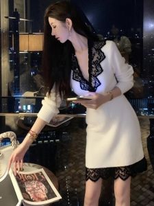 SHANGSHA | Elegant Small Figure White Lace Stitched Dress