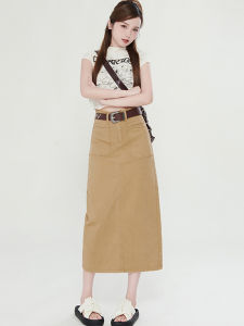 High Waist A-Line Denim Skirt with Pockets Slimming Design Long Split Womens Fashion Spring Cotton Casual Skirts