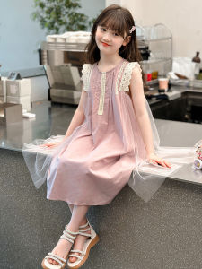 Girls Summer Cotton Dress Cool Lightweight Princess Skirt Korean Style Mesh Lace Trim Uniform Color Suitable for Ages 3-14
