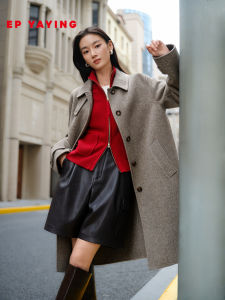Pure Wool Long Coat EP YAYING Winter Womens Fashion Woolen Checkered Overcoat Lapel Design OL Style Loose Fit Button Detail