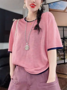 QINGNAER | Fashion Literary Office Slim Short Sleeve Round Neck Knitted Top Large
