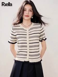 puella | Áo Cardigan Knit Vintage Sọc Trẻ Trung Phù Hợp Mọi Mục Đích Ôm Dáng