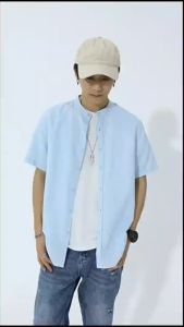 Classic Style Cotton Linen Stand Collar Short Sleeve Shirts