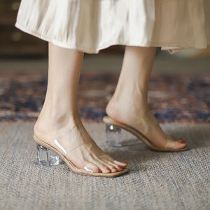 Transparent High Heels Womens Summer New Flat Bottom Medium Heel Crystal Stiletto Fairy Style Sandals Open Toe Fashionable