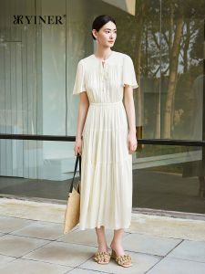 YINER | French Style Lightweight Breathable X Waist Ruffled Sleeves Dress
