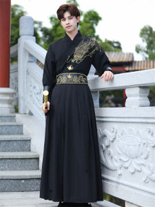 ชุดการแสดงสีดำ ลายมังกร ชาย ชุดฮันฟู เสื้อผ้าฮ่องกง คอวี แขนยาว ผ้าผสมฝ้าย ฤดูใบไม้ร่วง 2025 ฤดูใบไม้ผลิ
