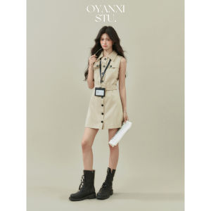 Qiuang Xix Milan Travel Dress Womens Summer New Khaki Polo Collar Sleeveless Shirt Dress A-Line Skirt Style Commute Friendly