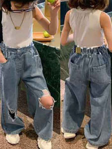 Trendy Loose Womens Childrens Denim Jeans Spring Autumn New Hole Long Pants Straight Leg Pants Cotton Casual mid Waist