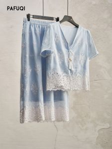 PAFUQI | Unique Design Embroidery V-Neck Top and Skirt Set