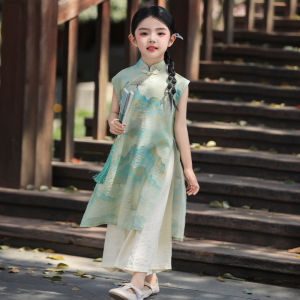 H.S.H Kids | Girls Cheongsam Dress Summer New Style Retro Hanfu Set Childrens Clothing Princess Skirt Shoulder Exposure Long Sleeve Kids Outfit