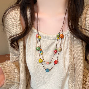 Colorful Long Ceramic Necklace Womens Double Layered Beach Skirt Matching Decorative Accessory Fashionable Korean Style Jewelry