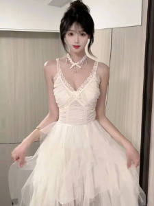 Summer Beautiful V-Neck Puffy Net Fairy Skirt Dress Gentle Style Sweet High Waist Asymmetrical Short Dress Absolutely Beautiful