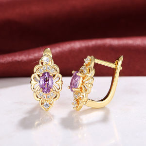 Huitan Aesthetic Womens Hoop Earrings Hollow Pattern Oval Purple CZ Elegant Female Earrings Anniversary Party Trendy Jewelry