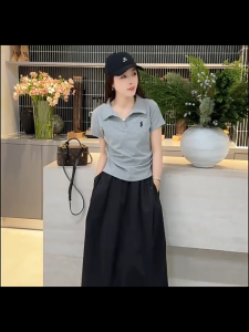 Korean Ladies Fitted Straight Shoulder Polo Neck Embroidered Short Sleeve Blouse