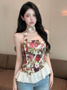 GUZILIAN | Retro Floral Strapless Halter Top