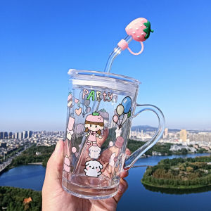 Thickened Cartoon Print Glass Cup with Straw round Shape Milk Cup for Children Travel Handheld Handle in European Style