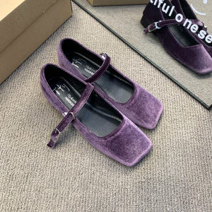 Ocean One Korean Style Velvet Square Head Single Shoes 2024 New Retro Low Heel Mary Janes Slip-On Fashionable Womens Shoes