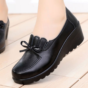 Moms Shoes Spring and Autumn Wedge Leather Shoes for Middle-Aged and Elderly People Soft Bottom Womens Shoes Middle-Aged Womens Shoes Platform Shoes Plaid